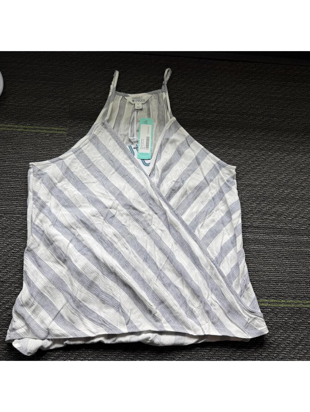 NEW Market & Spruce Women’s Faux Wrap Tank Stripe Size Large Blue/White NWT